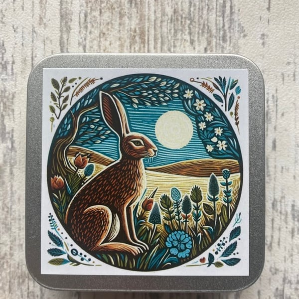 Hare storage tin square for buttons, stitch markers, beads, knitting and sewing