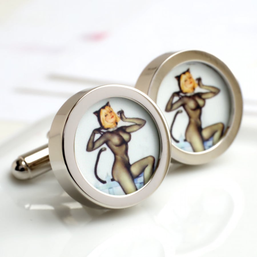 Pin Up Naked Cat Woman Cufflinks
