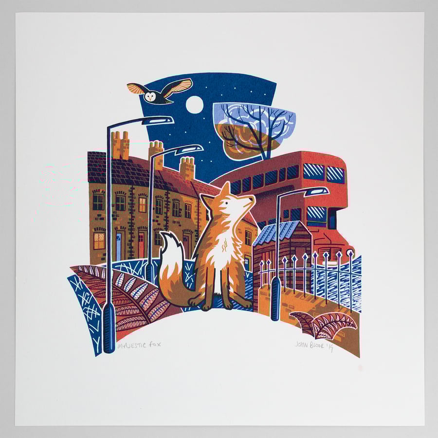 Majestic Fox hand pulled screen print, night, bus, owl