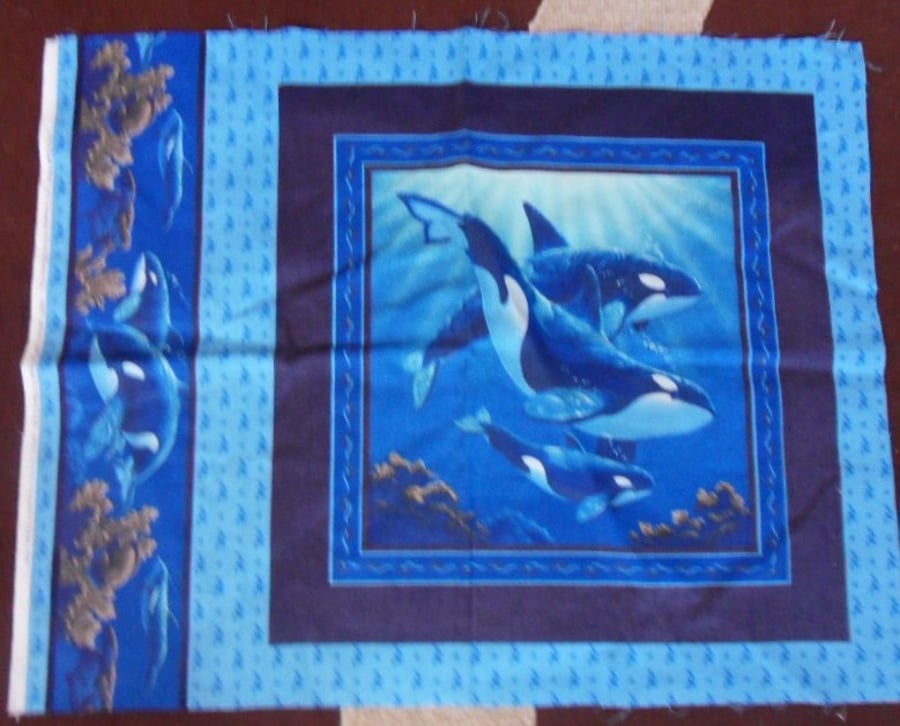100% cotton fabric panel.  Orca cushion or quilt panel