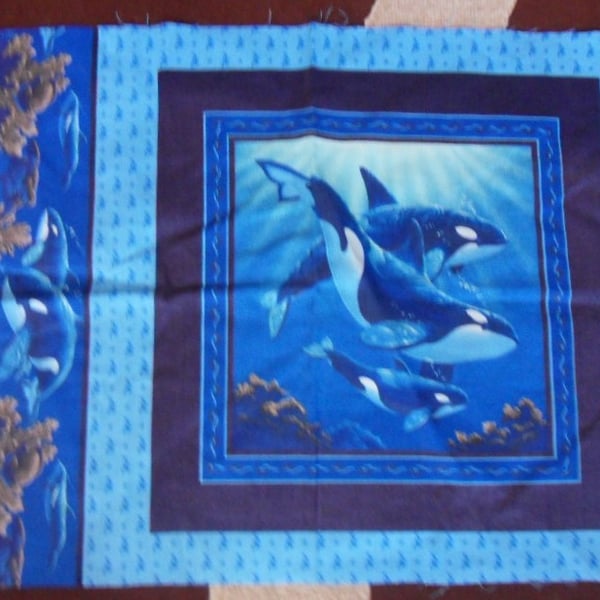 100% cotton fabric panel.  Orca cushion or quilt panel