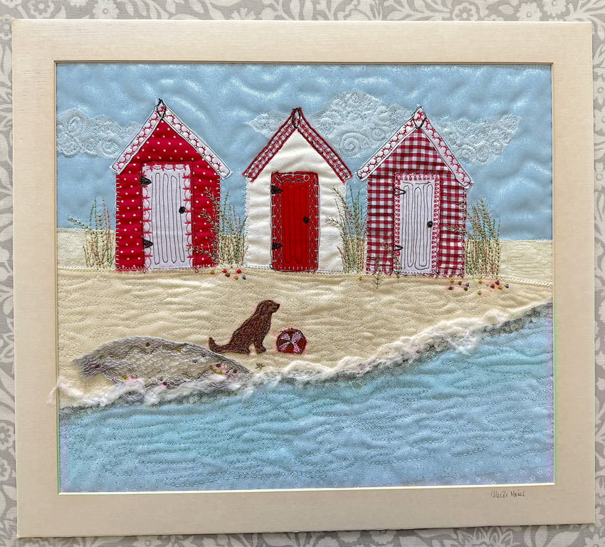 Beach Huts art - unframed textile art of red beach hut picture with dog, seaside