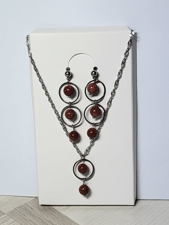 Brown Sandstone Jewellery Set - Geometric Hoop Necklace and Earrings