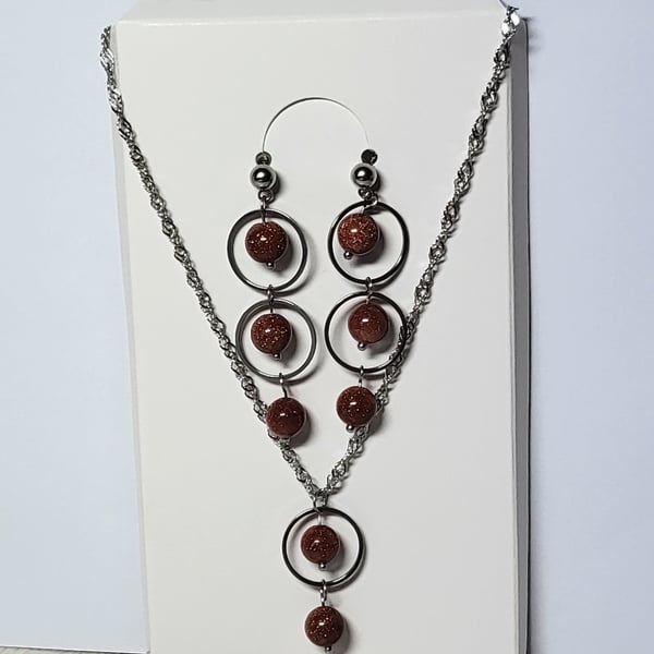 Brown Sandstone Jewellery Set - Geometric Hoop Necklace and Earrings