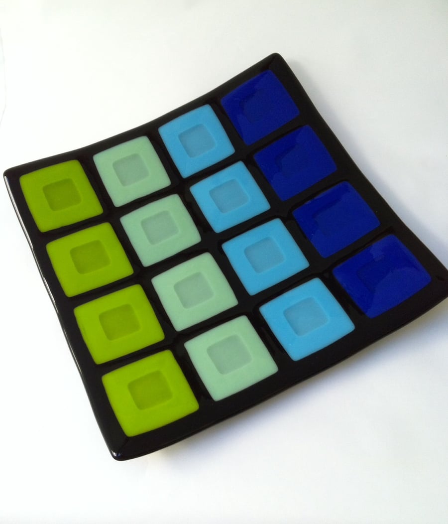 Blue & Green Block Fused Glass Platter