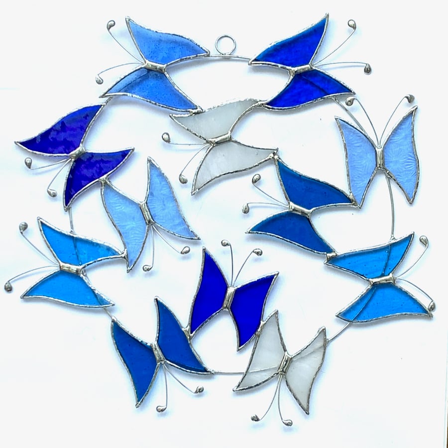 Large Butterfly Circle  Suncatcher - Handmade Decoration - Blue White Turquoise