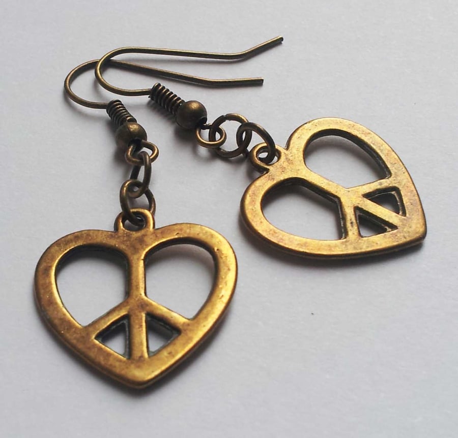Bronze Peace Sign CND Love Heart Hippie Hippy 60s Retro Earrings