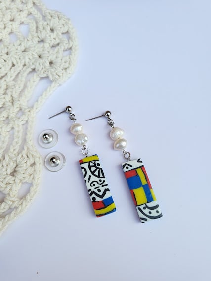 Handmade Happy Vibe Polymer Clay Earrings with Pearl - Joyful Jumbles Earrings