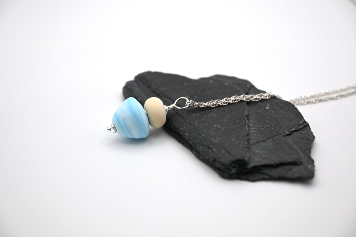 lampwork glass blue sea cone pendant necklace