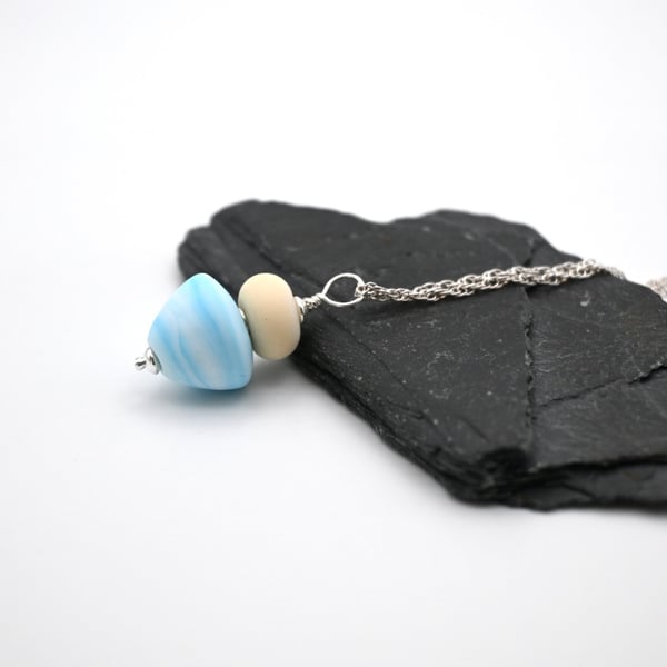 lampwork glass blue sea cone pendant necklace