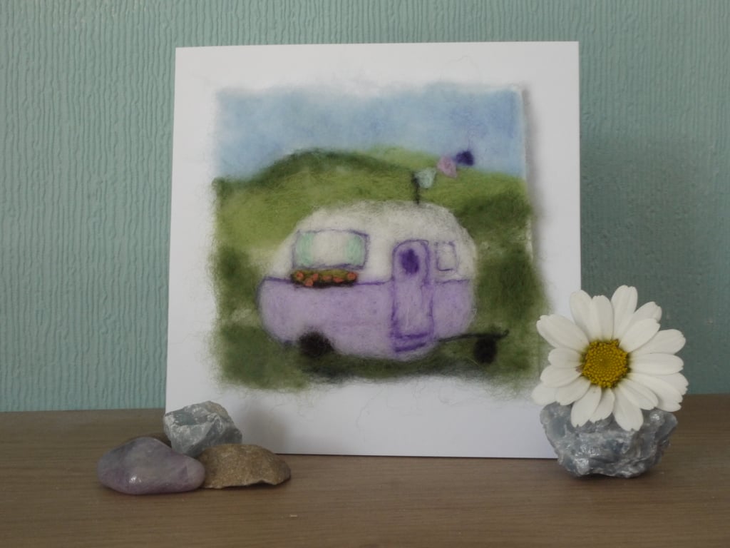 Handmade needle felted Happy Campers greetings card