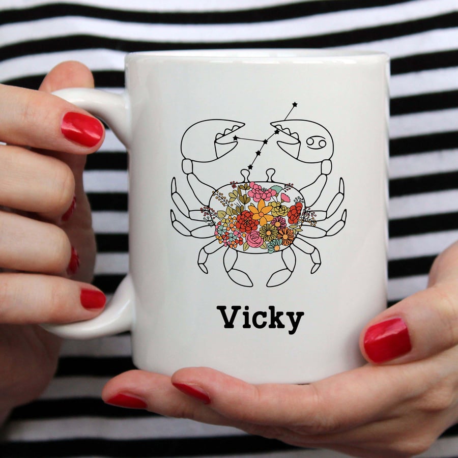Cancer Floral Zodiac Mug - Customizable 11oz Ceramic Coffee Cup with Star Sign