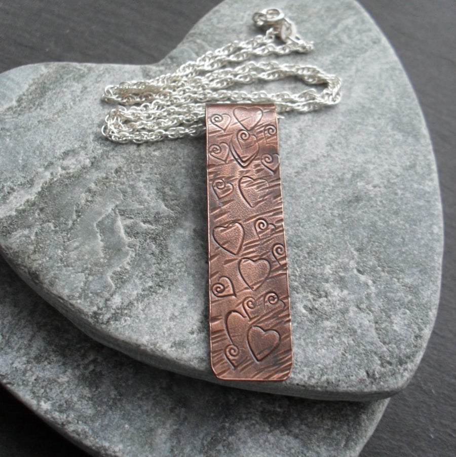 Copper Bar Pendant With Heart Detail and Sterling Silver Chain