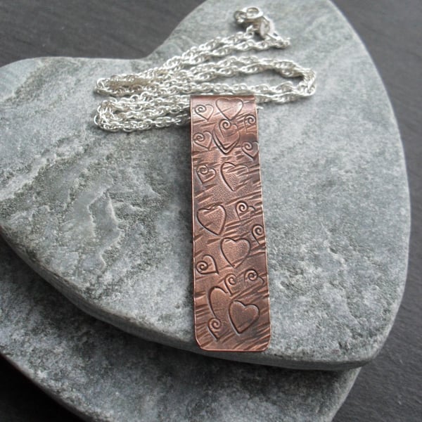 Copper Bar Pendant With Heart Detail and Sterling Silver Chain