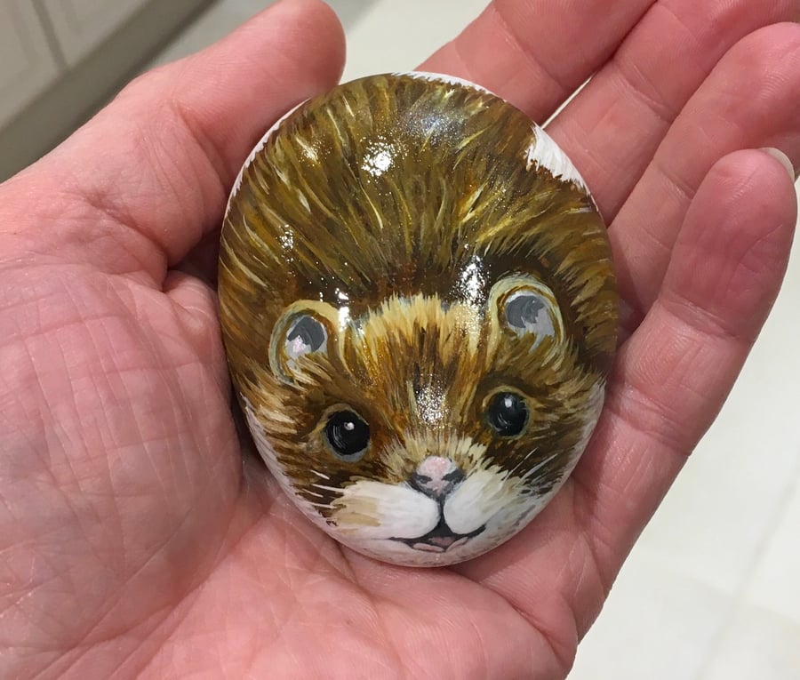 Hamster hand painted pebble garden rock pet Portrait 