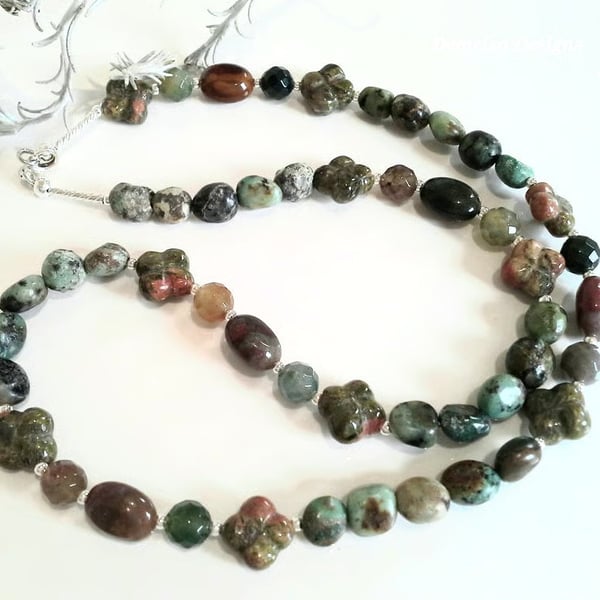 African Turquoise (Stabilised),  Jasper, Agate  Unikite Sterling Silver Necklace
