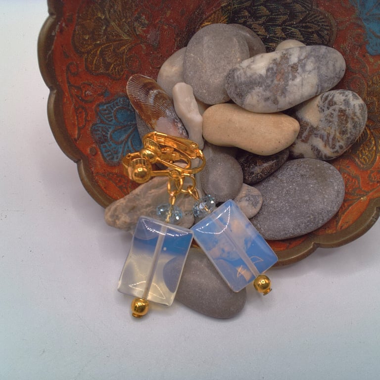 Milky Blue Rectangle and Pale Blue Crystal Clip On Earrings, Clip on Earrings 