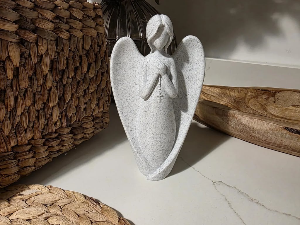 Praying Angel with Rosary Figurine Marble Effect PLA Spiritual Ornament 20cm