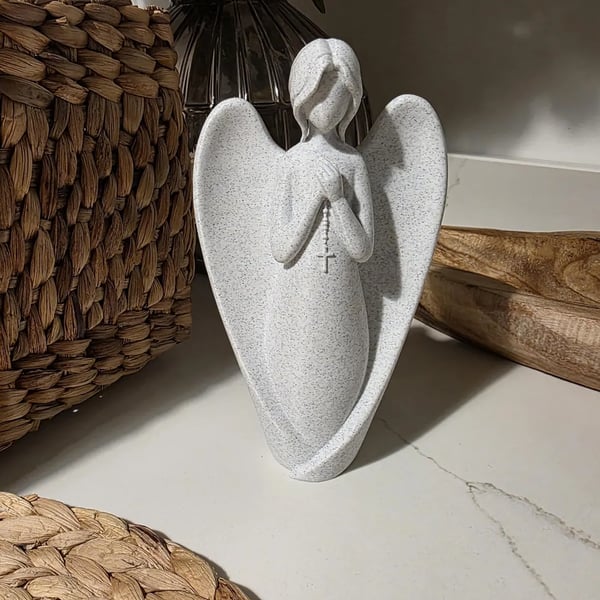Praying Angel with Rosary Figurine Marble Effect PLA Spiritual Ornament 20cm