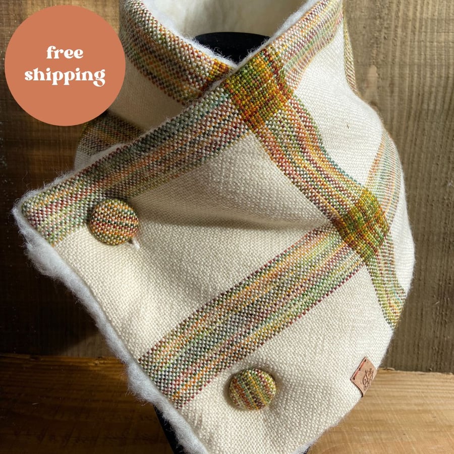 Autumn Check British Wool Collar, Wool Fleece Lined Hand Woven Wool Scarf 
