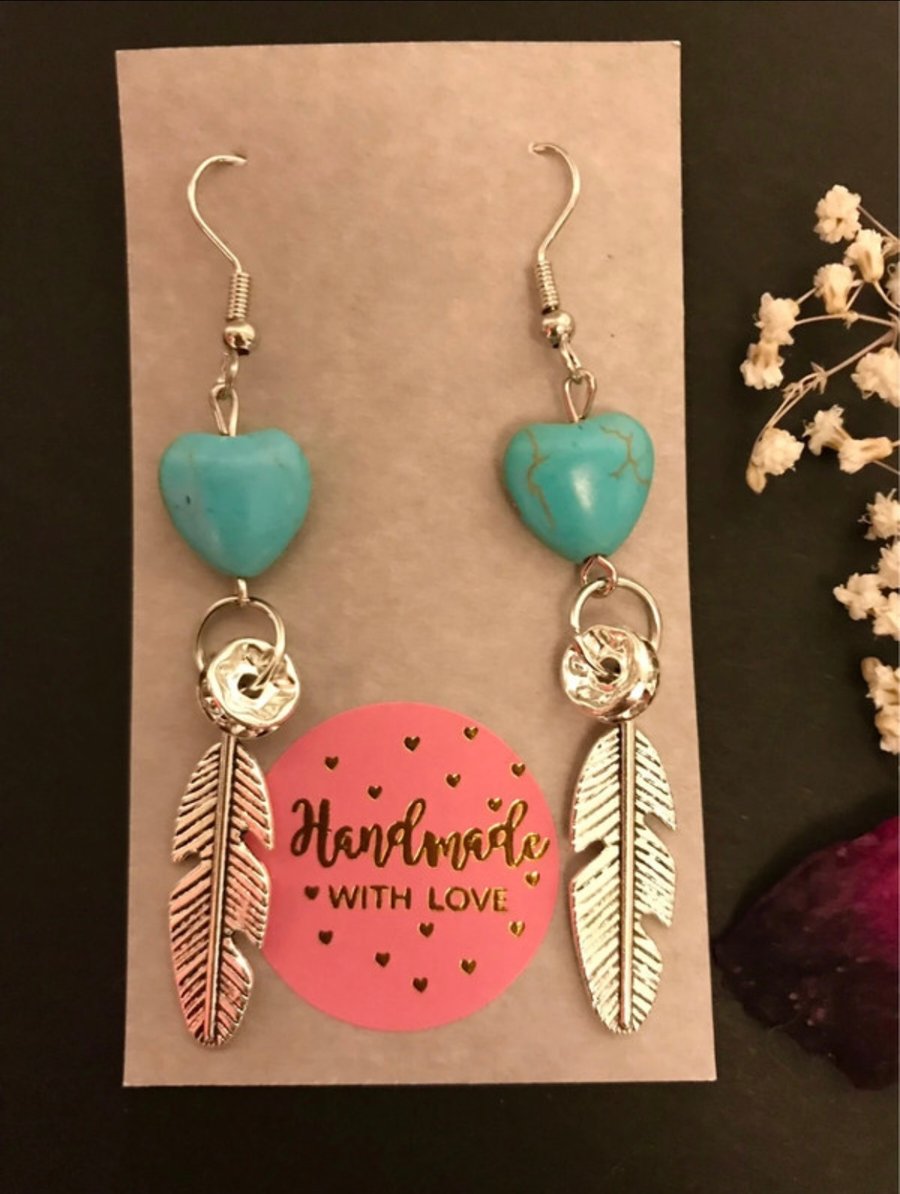 Handmade Turquoise Heart, Leaf and Diamante Drop Earrings