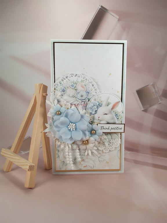 Handmade Card (78) " Think Positive" White Box with Window Included