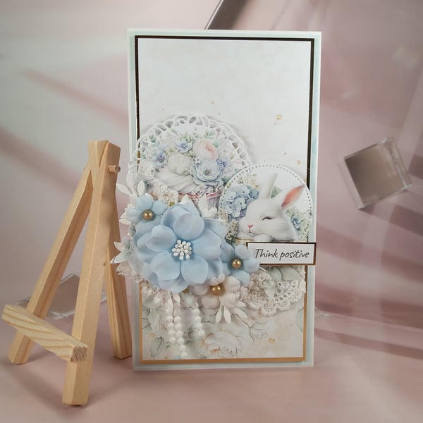 Handmade Card (78) " Think Positive" White Box with Window Included