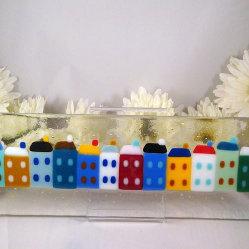 SOLD-Glass Row of Houses Plaque