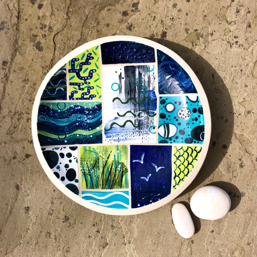 SEASCAPE PATCHWORK HANDMADE STONEWARE CERAMIC PLATE