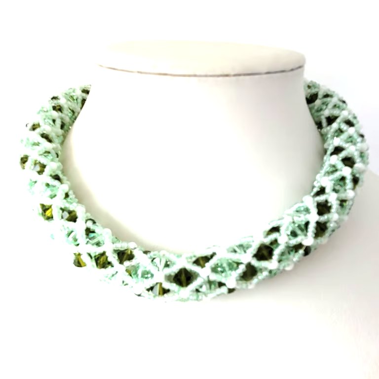 Netted rope necklace with green Swarovski bicone crystals and white seed beads