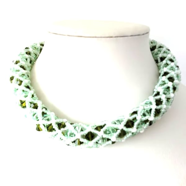 Netted rope necklace with green Swarovski bicone crystals and white seed beads
