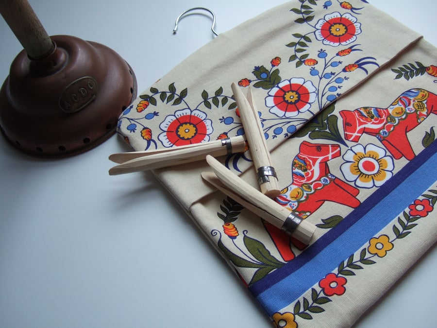 Peg bag made from Swedish Dala horse vintage tablecloth