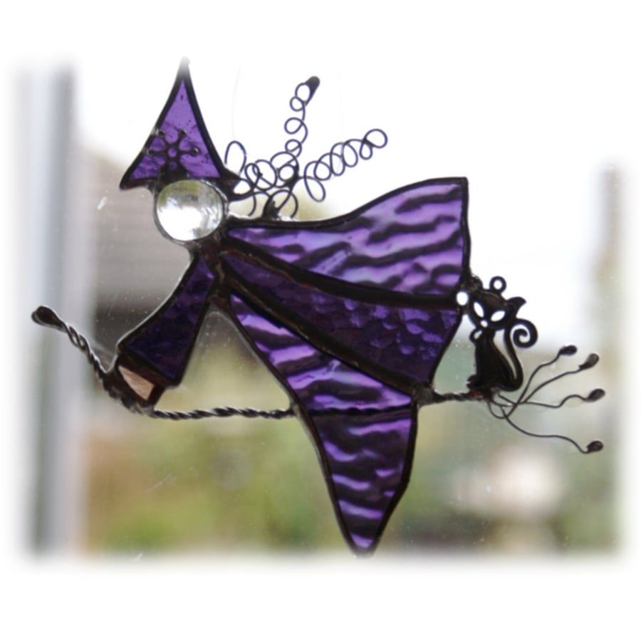 Witch on Broomstick Suncatcher Stained Glass 012 Cat Handmade