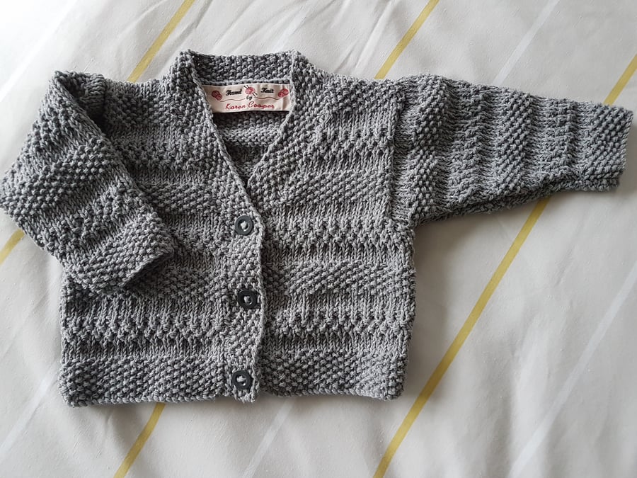 Hand Knitted Grey Cotton Baby Cardigan  20"