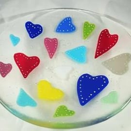 Fused Glass Bowl decorated with Hand cut Multicoloured Hearts, Dish, Love Hearts