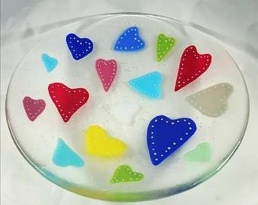 Fused Glass Bowl decorated with Hand cut Multicoloured Hearts, Dish, Love Hearts
