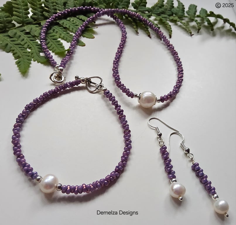 Freshwater Barogue Pearl & Purple Peanut Seed Bead Jewellery Set