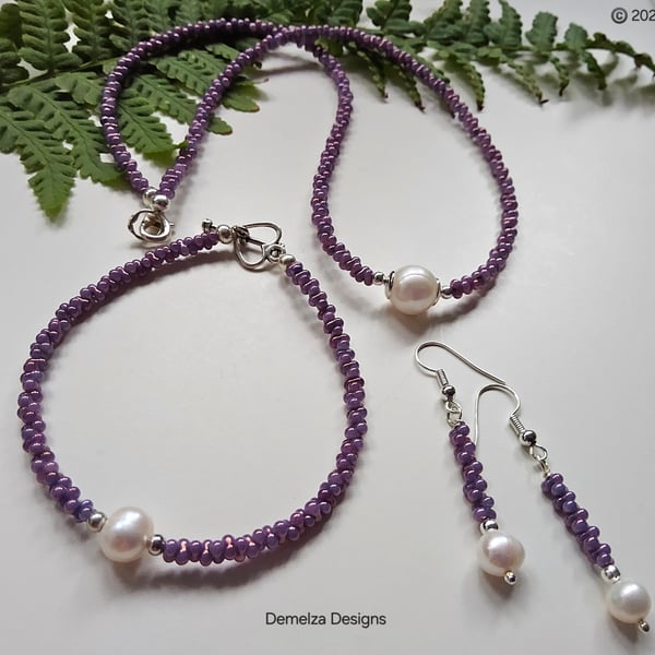 Freshwater Barogue Pearl & Purple Peanut Seed Bead Jewellery Set