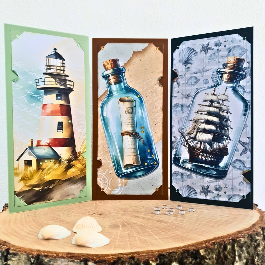 Set of 3 handmade nautical themed cards for various occasions - Blank, DL
