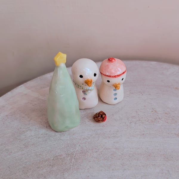 Snowman cake topper Christmas ornament, handmade ceramic stocking filler 