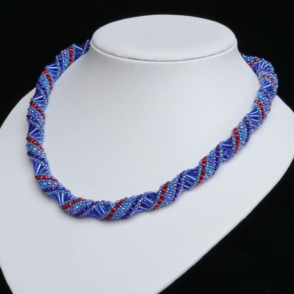Sapphire Blue Russian Spiral Necklace with a Touch of Ruby Red