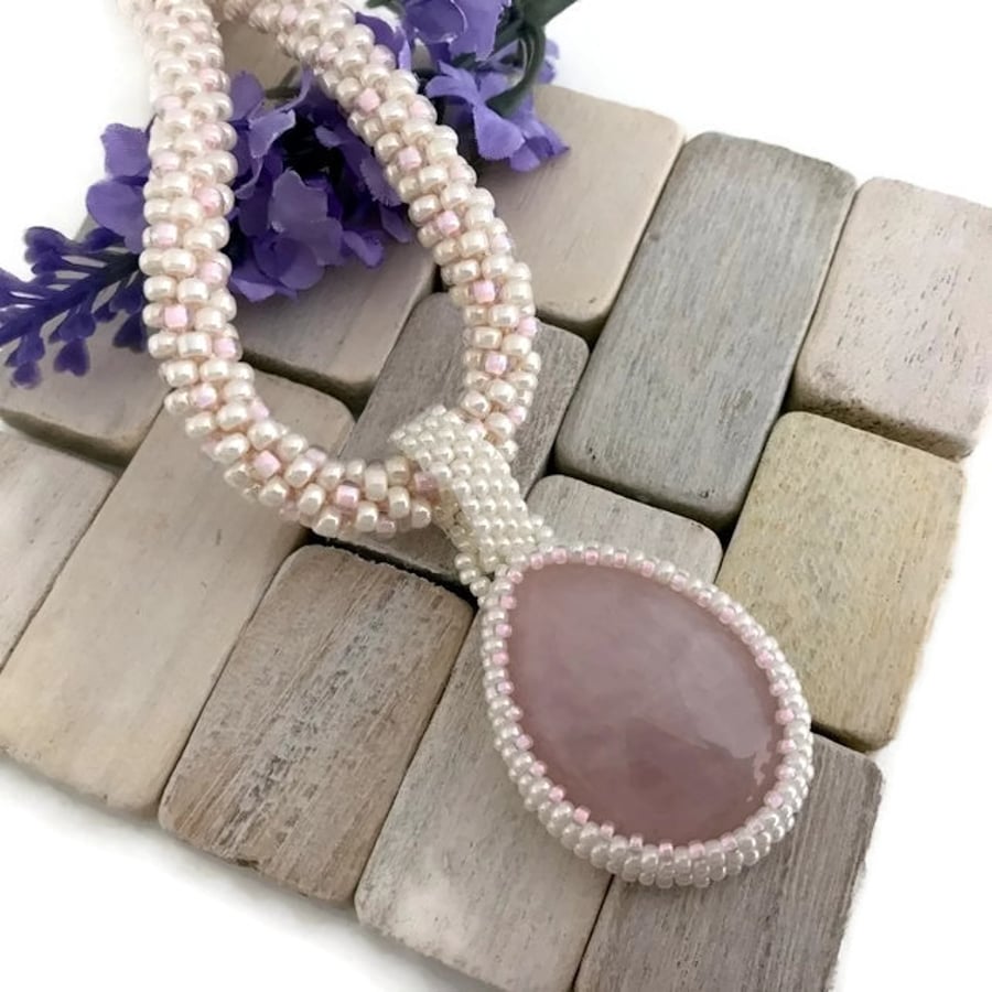 Rose Quartz Bead Weave Pendant With Beaded Kumihimo Chain