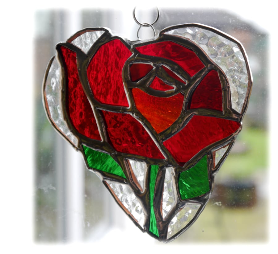 SOLD Red Rose Heart Suncatcher Stained Glass 006