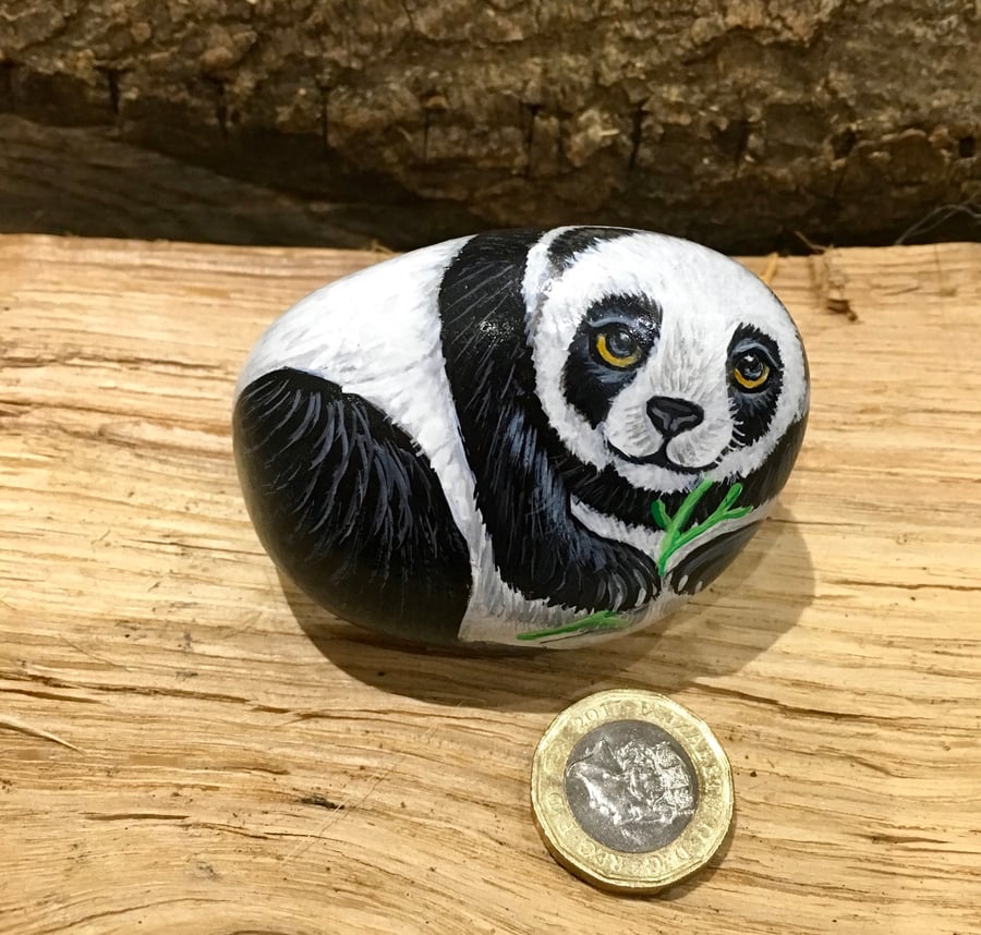 Panda painted pebble garden rock art wildlife gift 