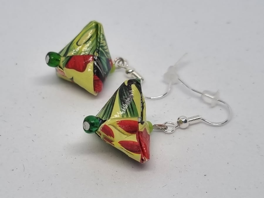 Origami earrings: lime green and jungle design paper