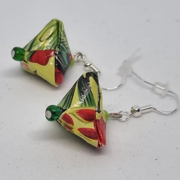 Origami earrings: lime green and jungle design paper