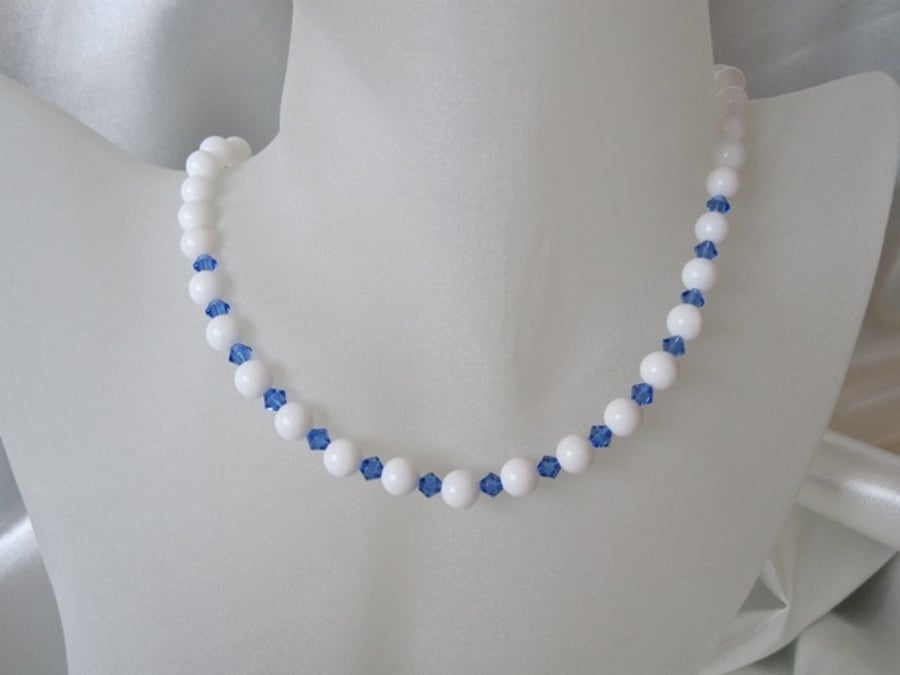 Snow White Agate & Mid Blue Swarovski Crystals Sterling Silver Necklace