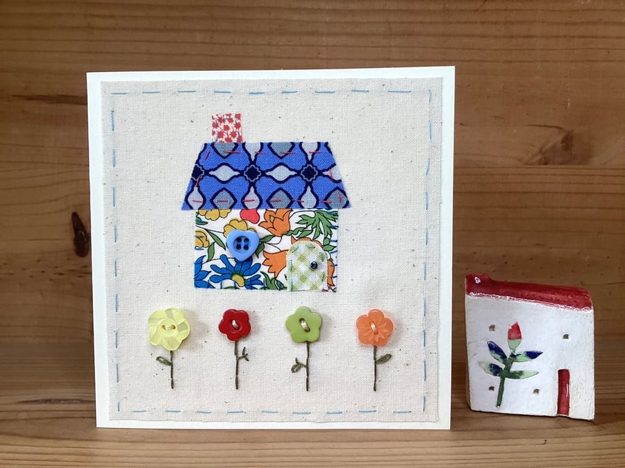 Little Bright Stitched Cottage hand embroidered card