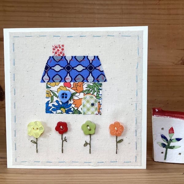 Little Bright Stitched Cottage hand embroidered card