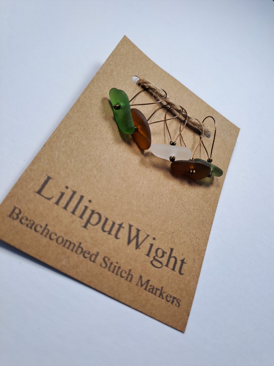 Five sea glass stitch markers in mixed colours